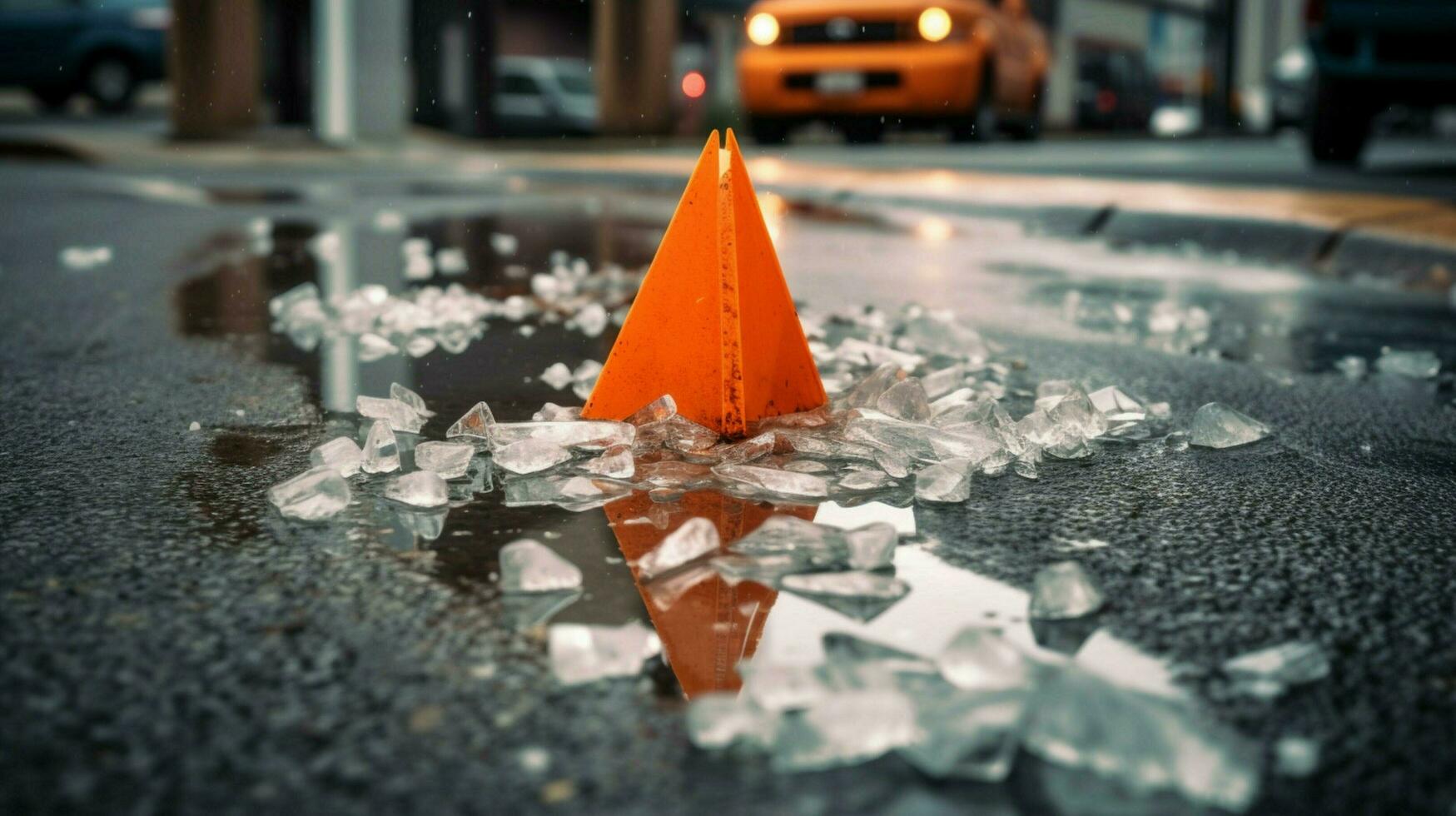 traffic cone on sidewalk surrounded by broken photo