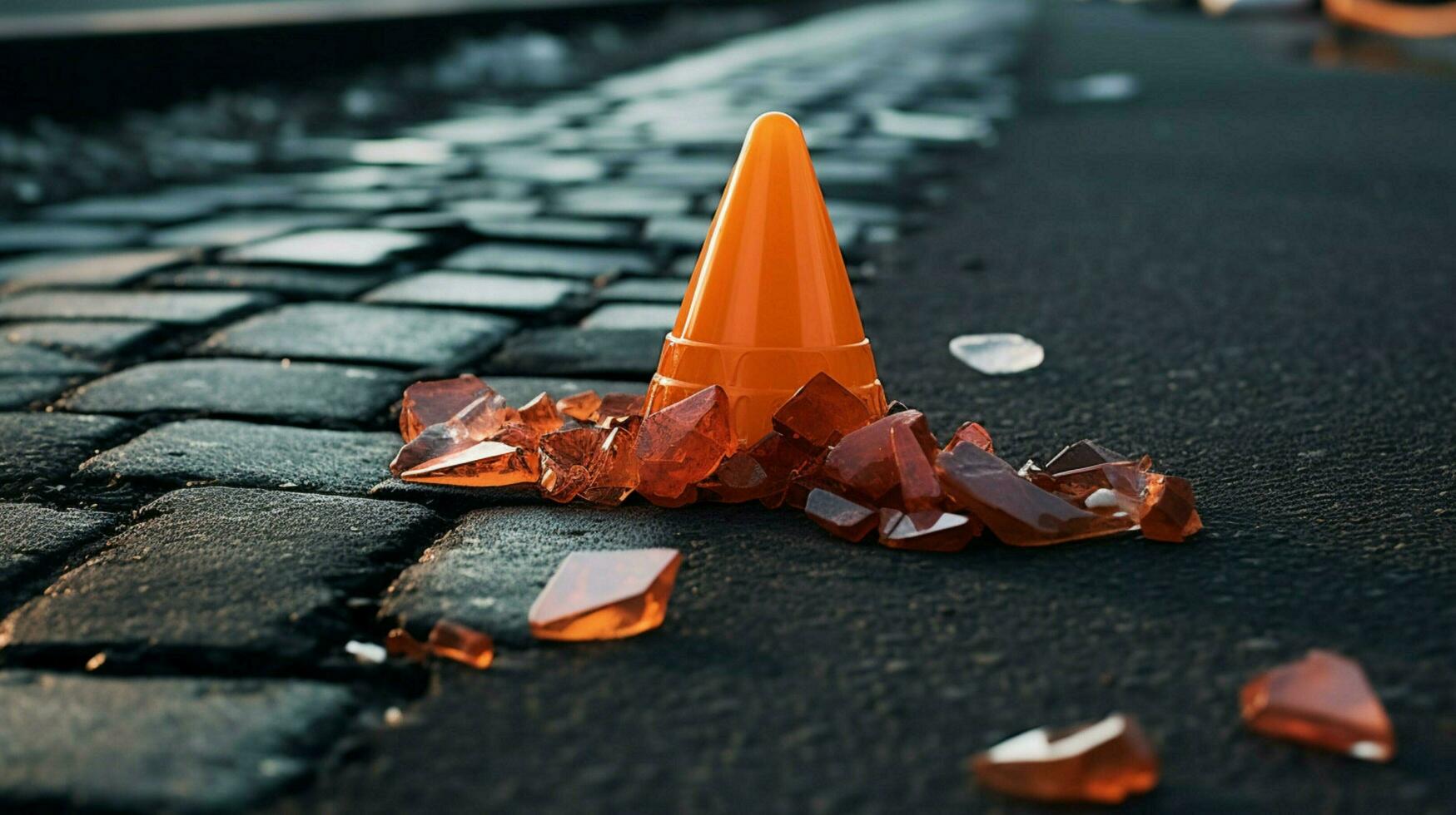 traffic cone on sidewalk surrounded by broken photo