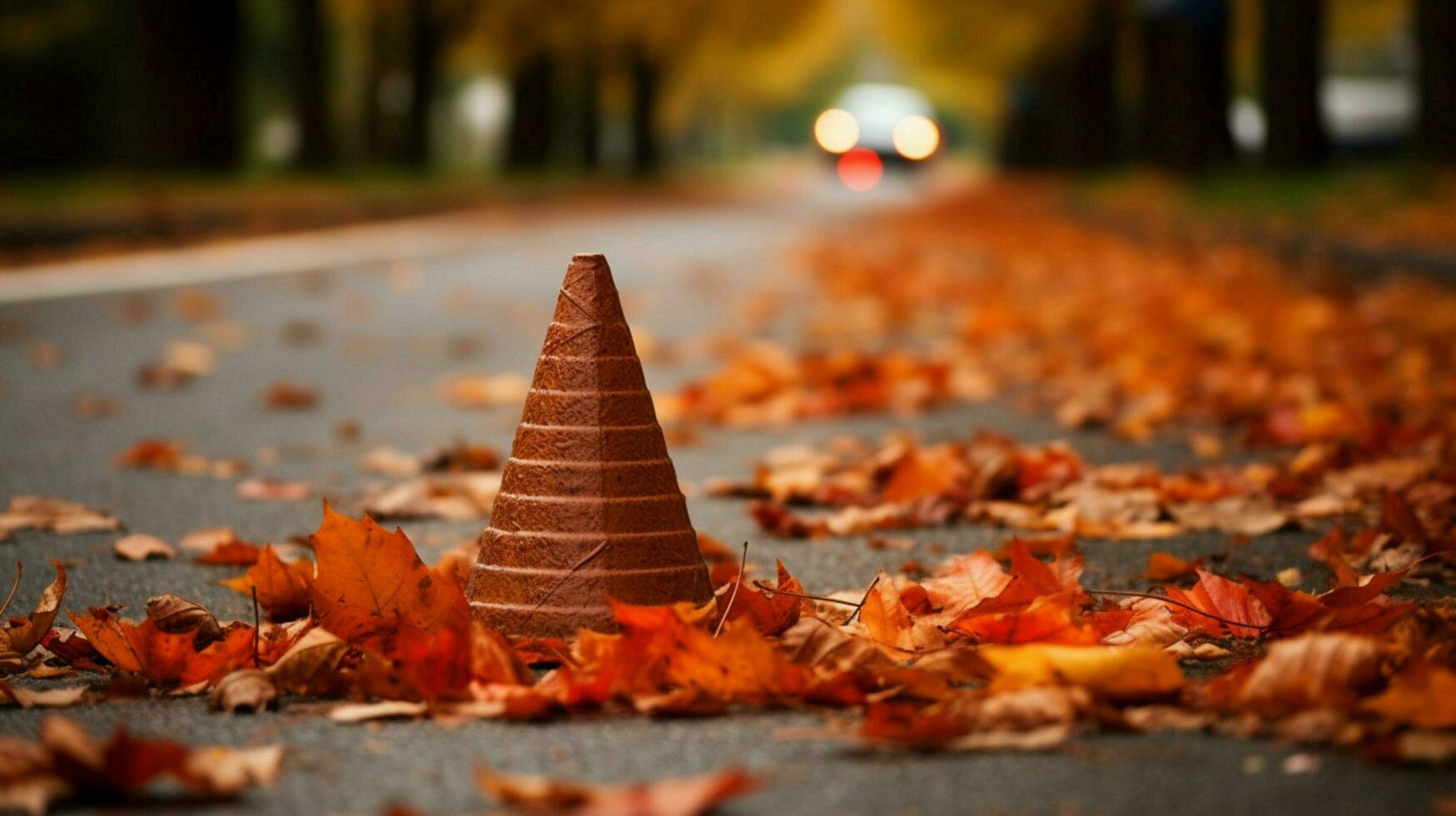 traffic cone surrounded by autumn leaves on a win photo