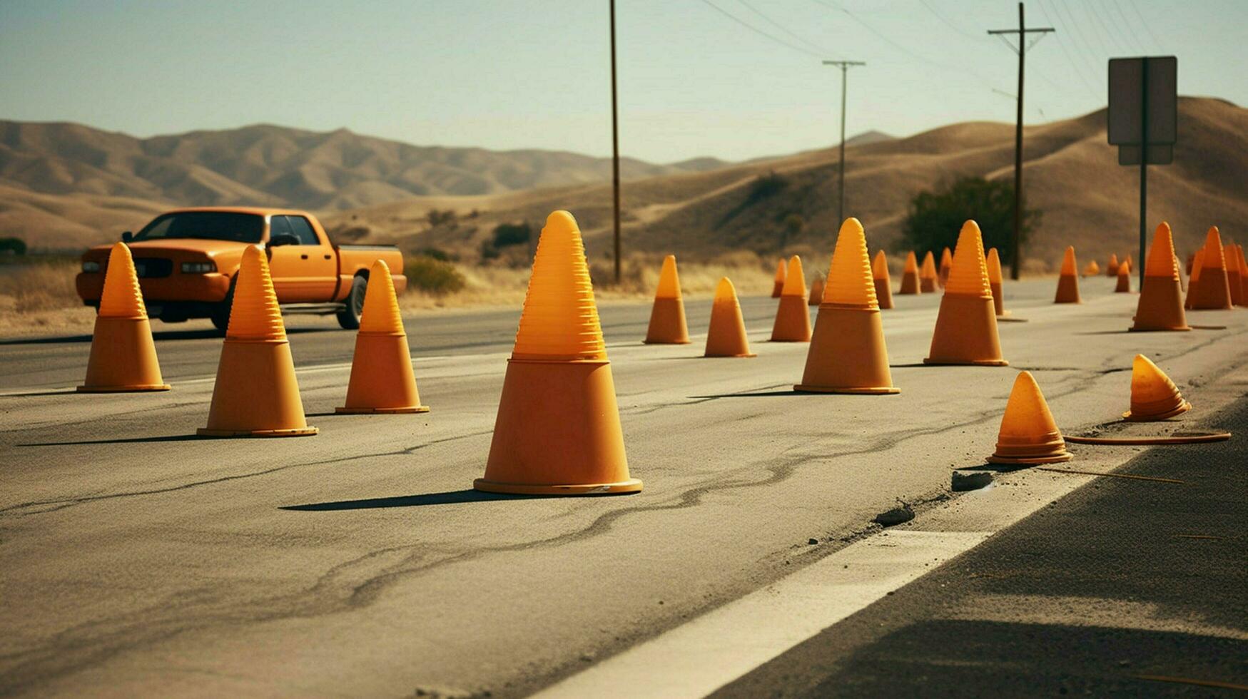 traffic cones and warning signs on the side photo