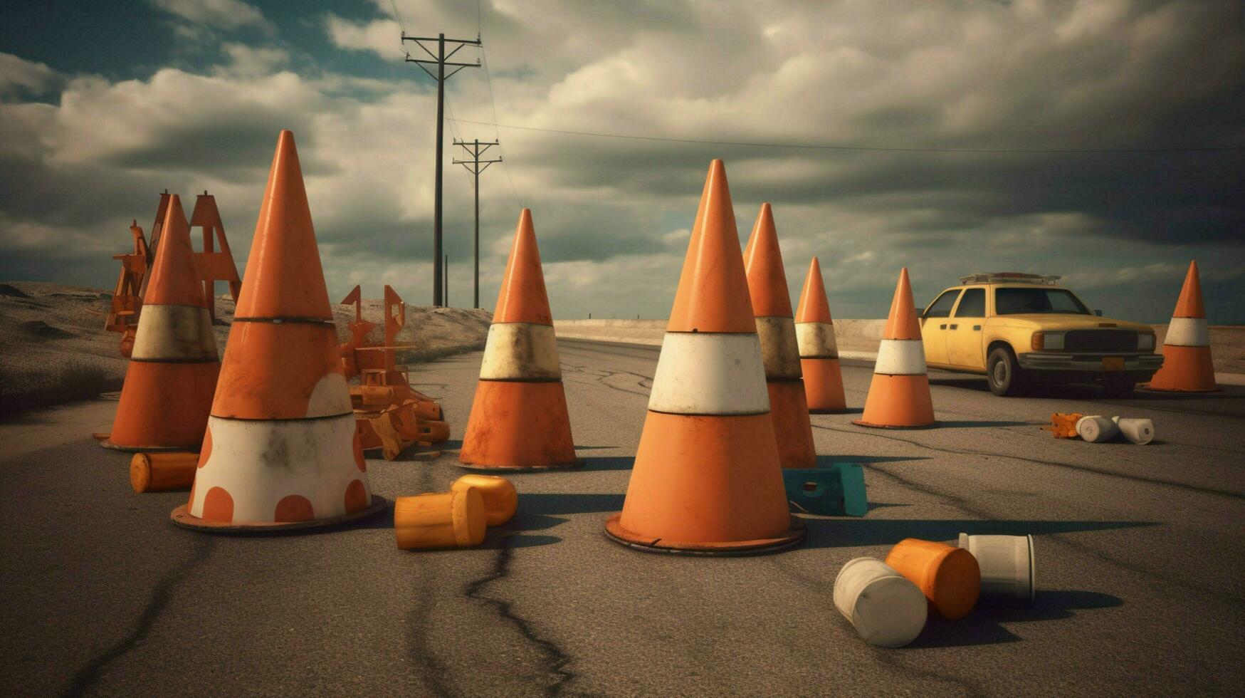 traffic cones and warning signs on the side photo