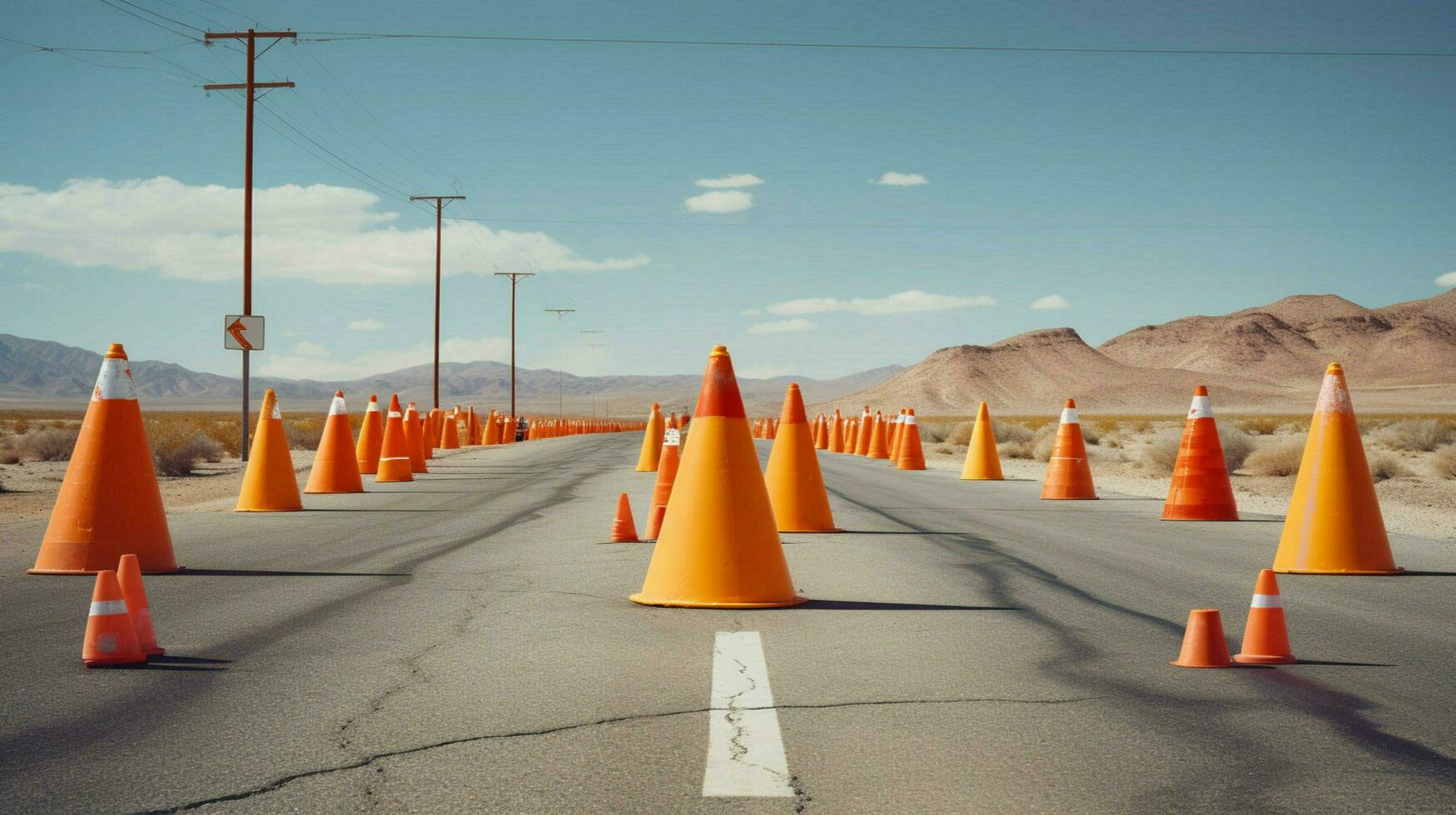 traffic cones and warning signs on the side photo