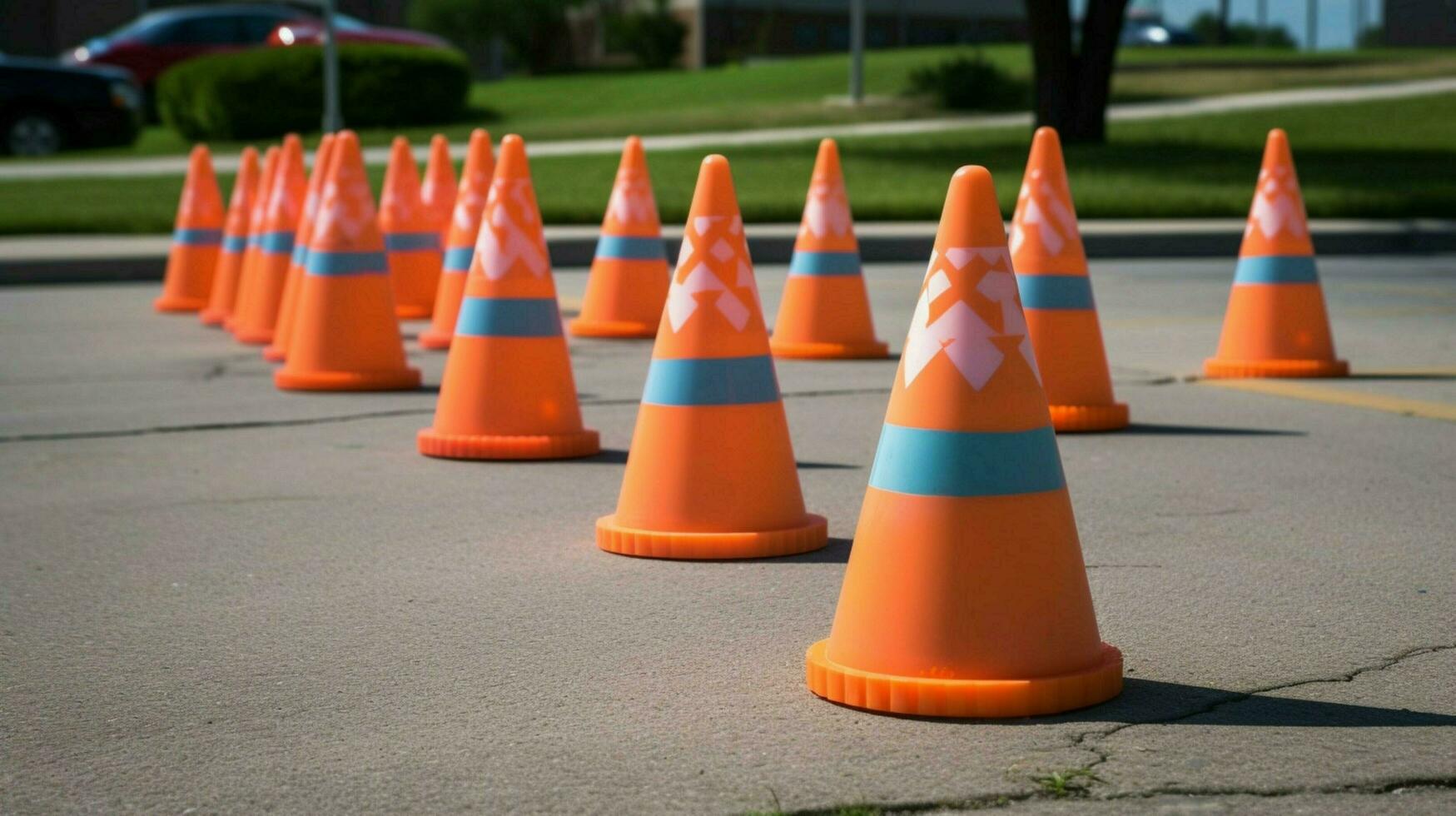 traffic cones arranged in creative pattern photo