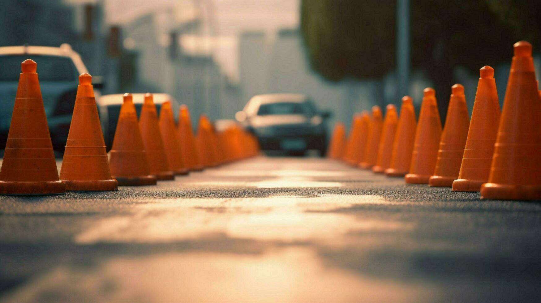 tráfico conos en un fila en un ocupado calle con foto