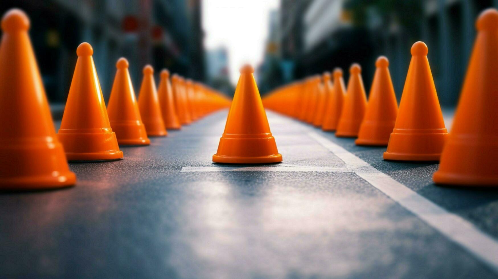 traffic cones in a straight line creating a safe photo
