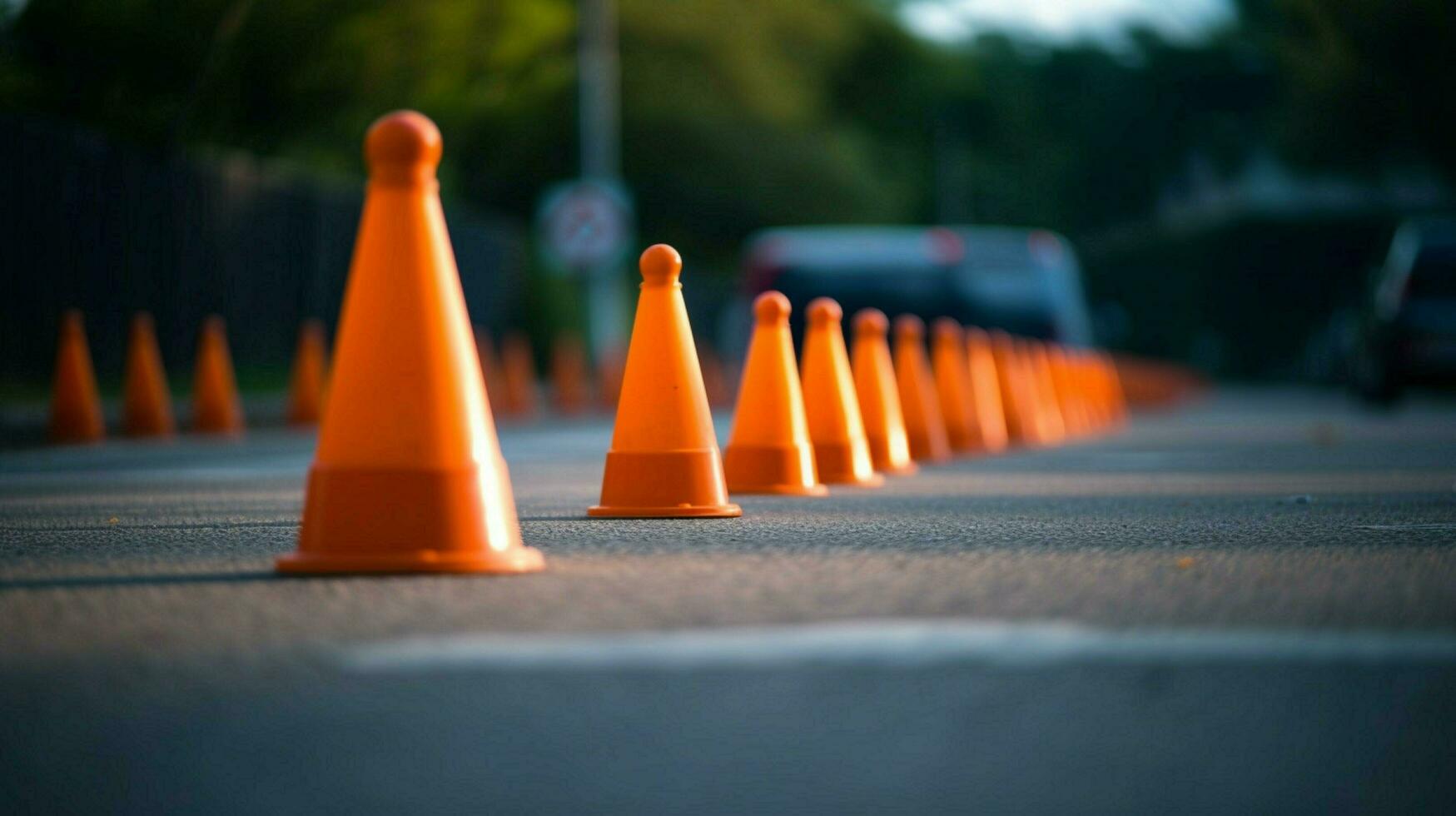 traffic cones in a straight line creating a safe photo