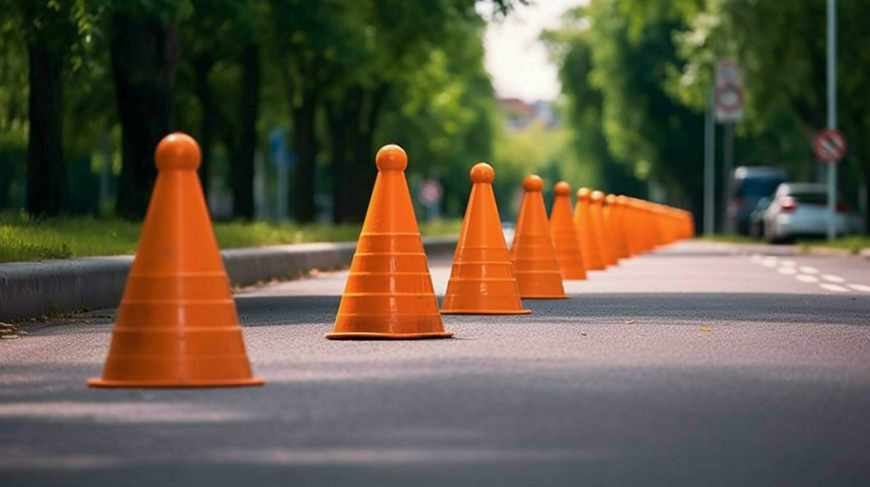 traffic cones in a straight line creating a safe photo