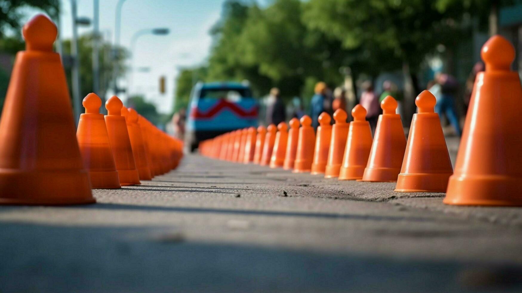 traffic cones in a row on a busy street with photo