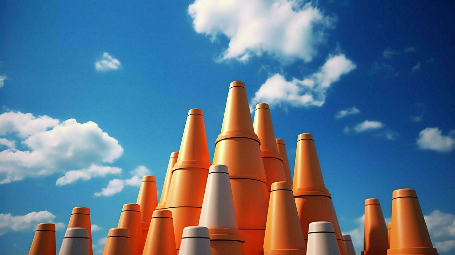 traffic cones in a stack with blue sky and clouds photo