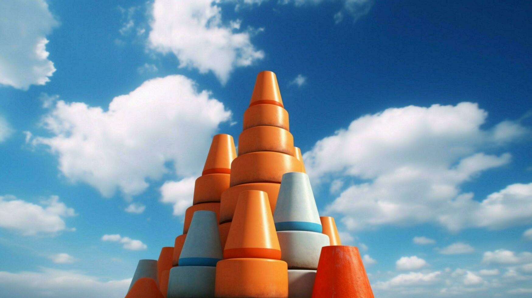 traffic cones in a stack with blue sky and clouds photo