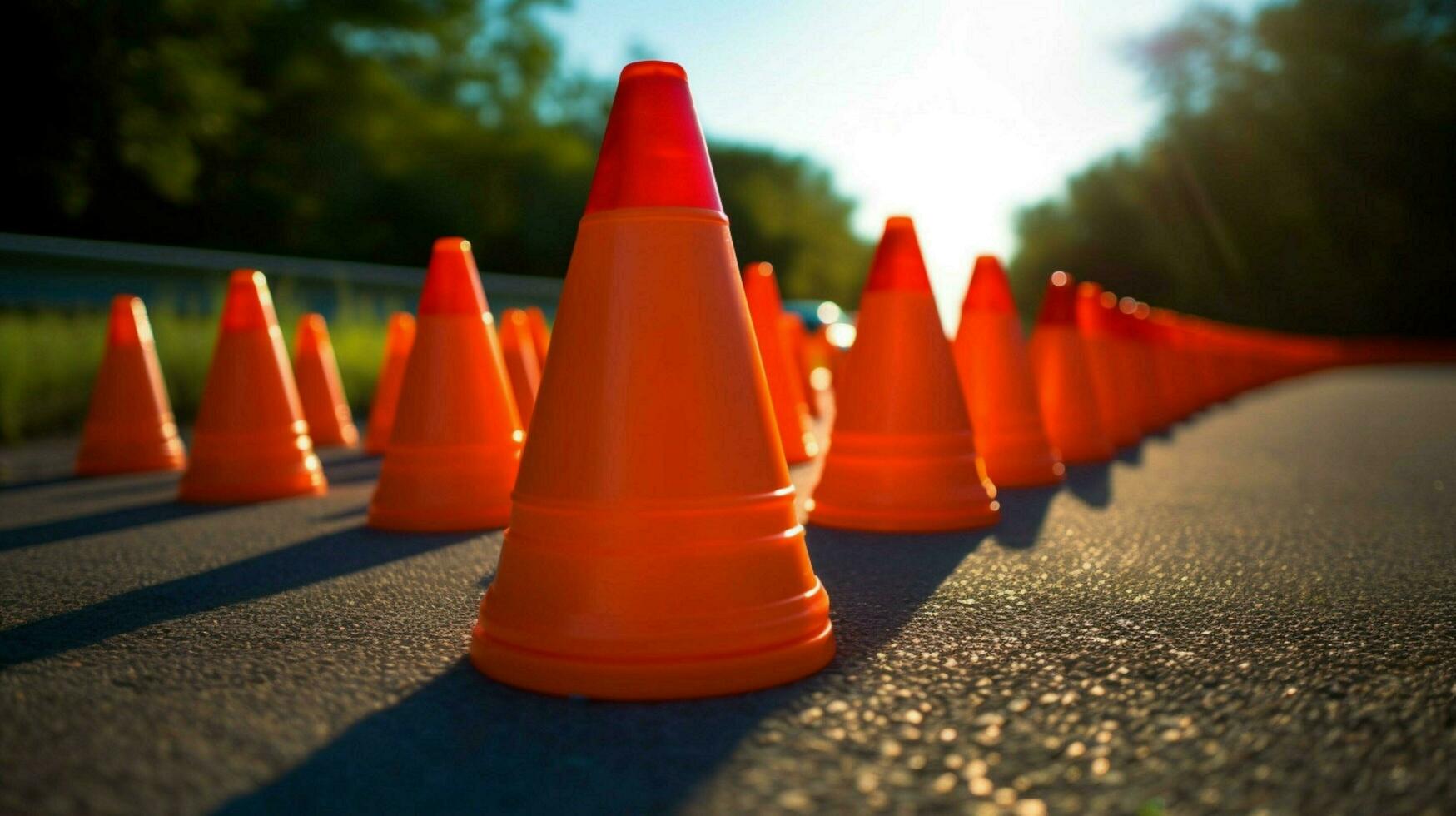 traffic cones lined up in a straight row to mark photo