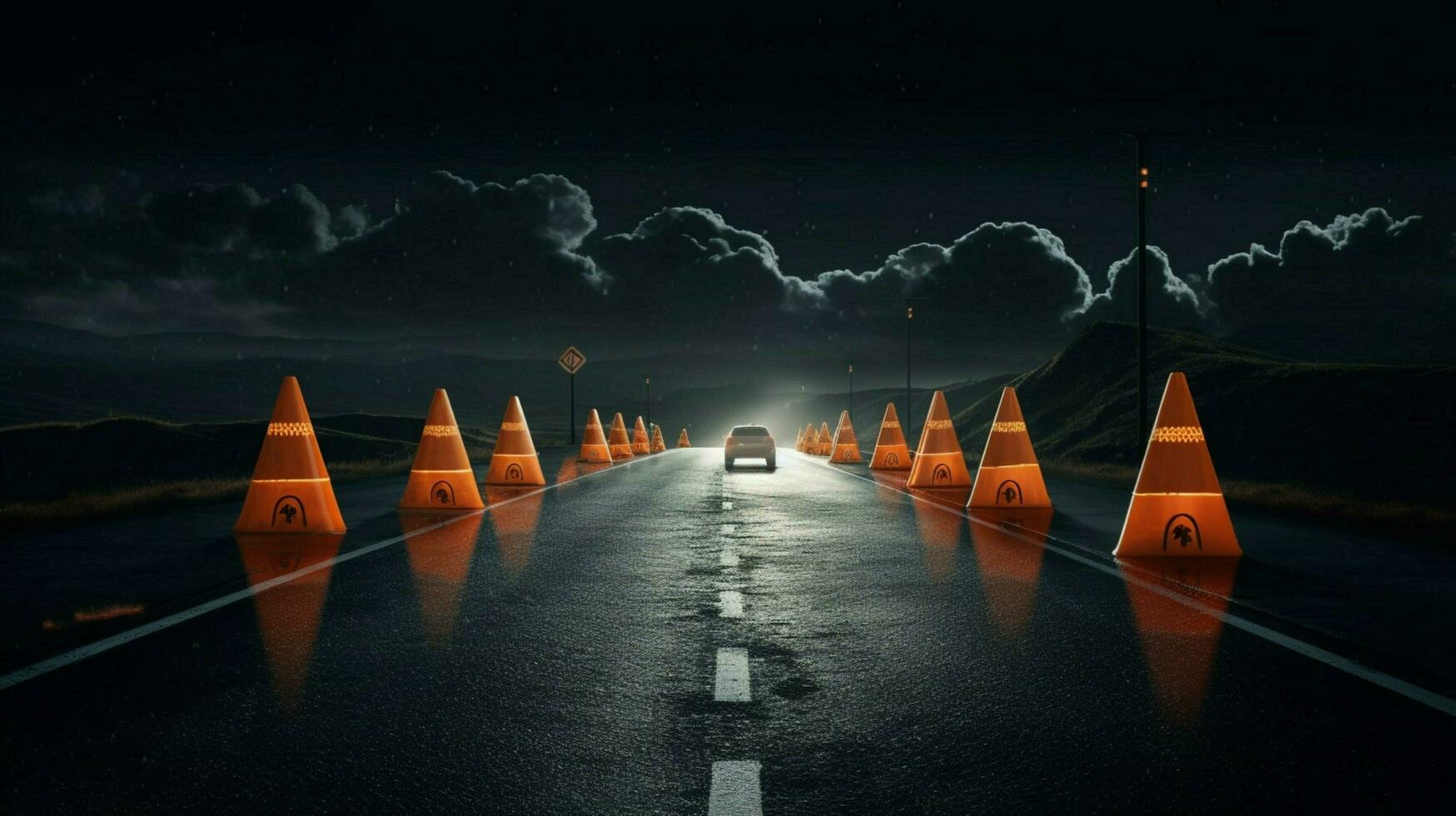 traffic cones on a deserted road at night photo