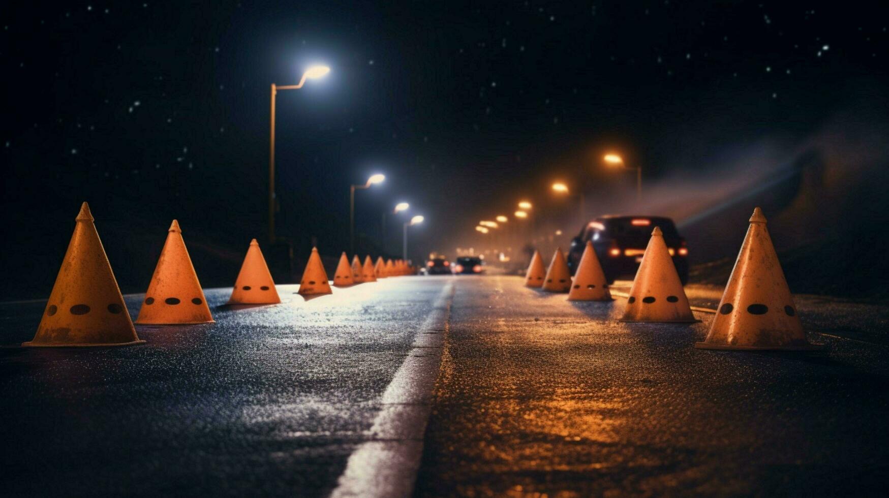 traffic cones on a deserted road at night photo