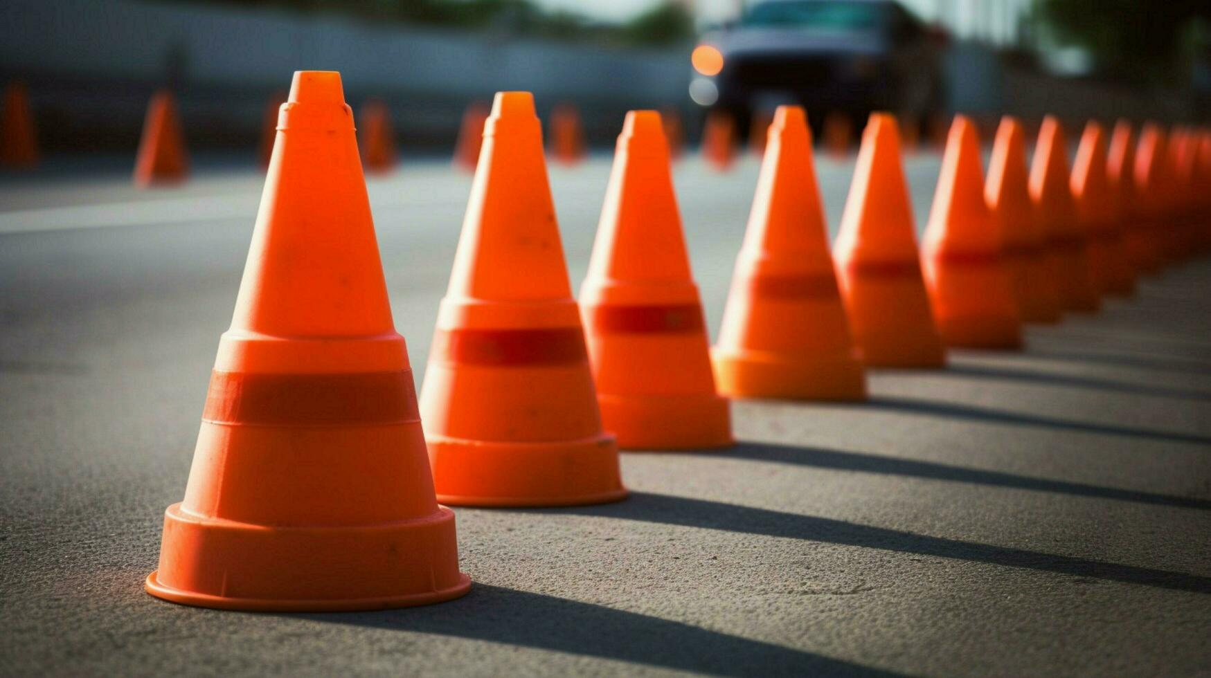 traffic cones lined up in a straight row to mark photo