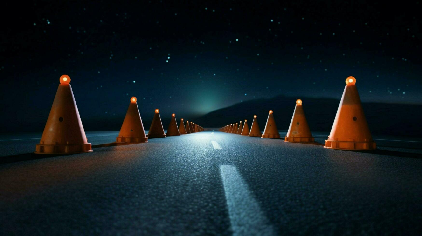 traffic cones on a deserted road at night photo