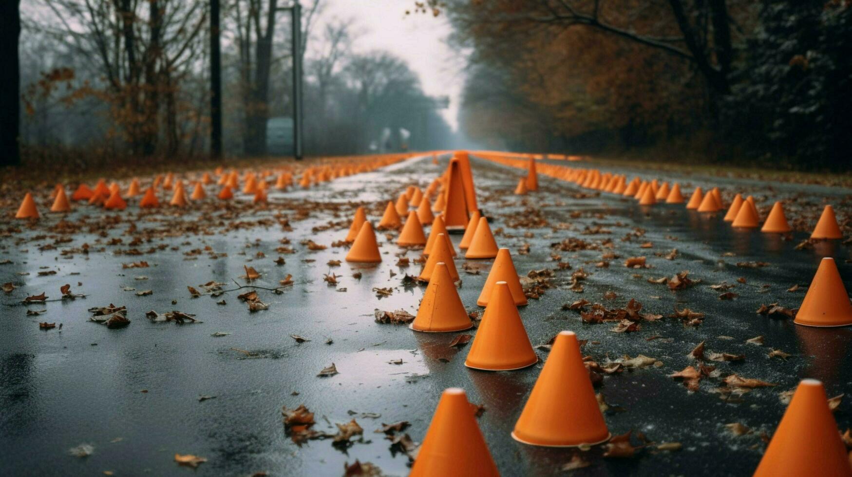 traffic cones scattered on the ground photo