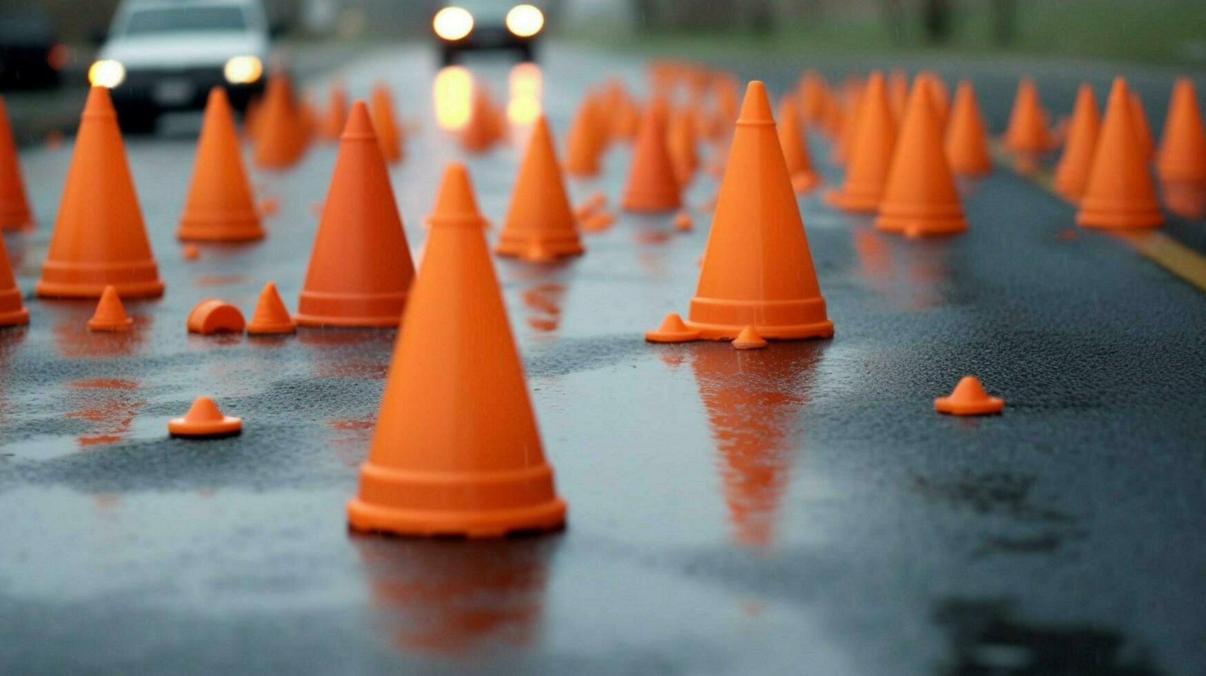 traffic cones scattered on the ground photo