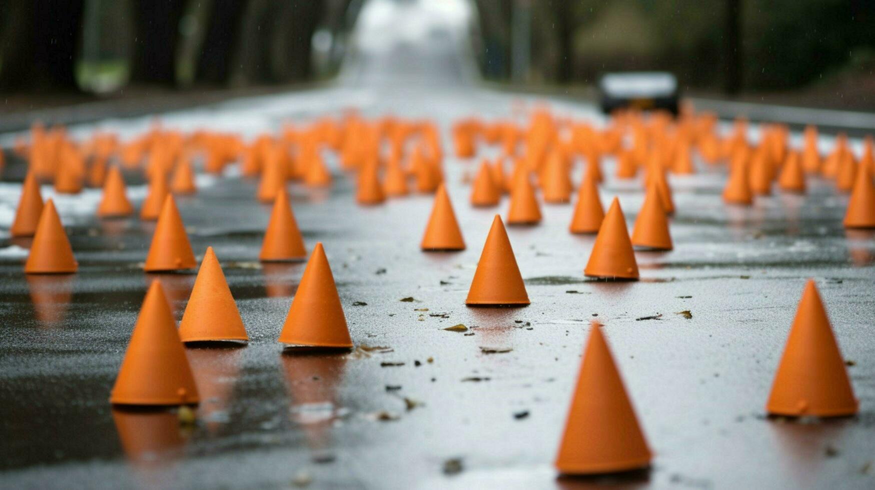 traffic cones scattered on the ground photo