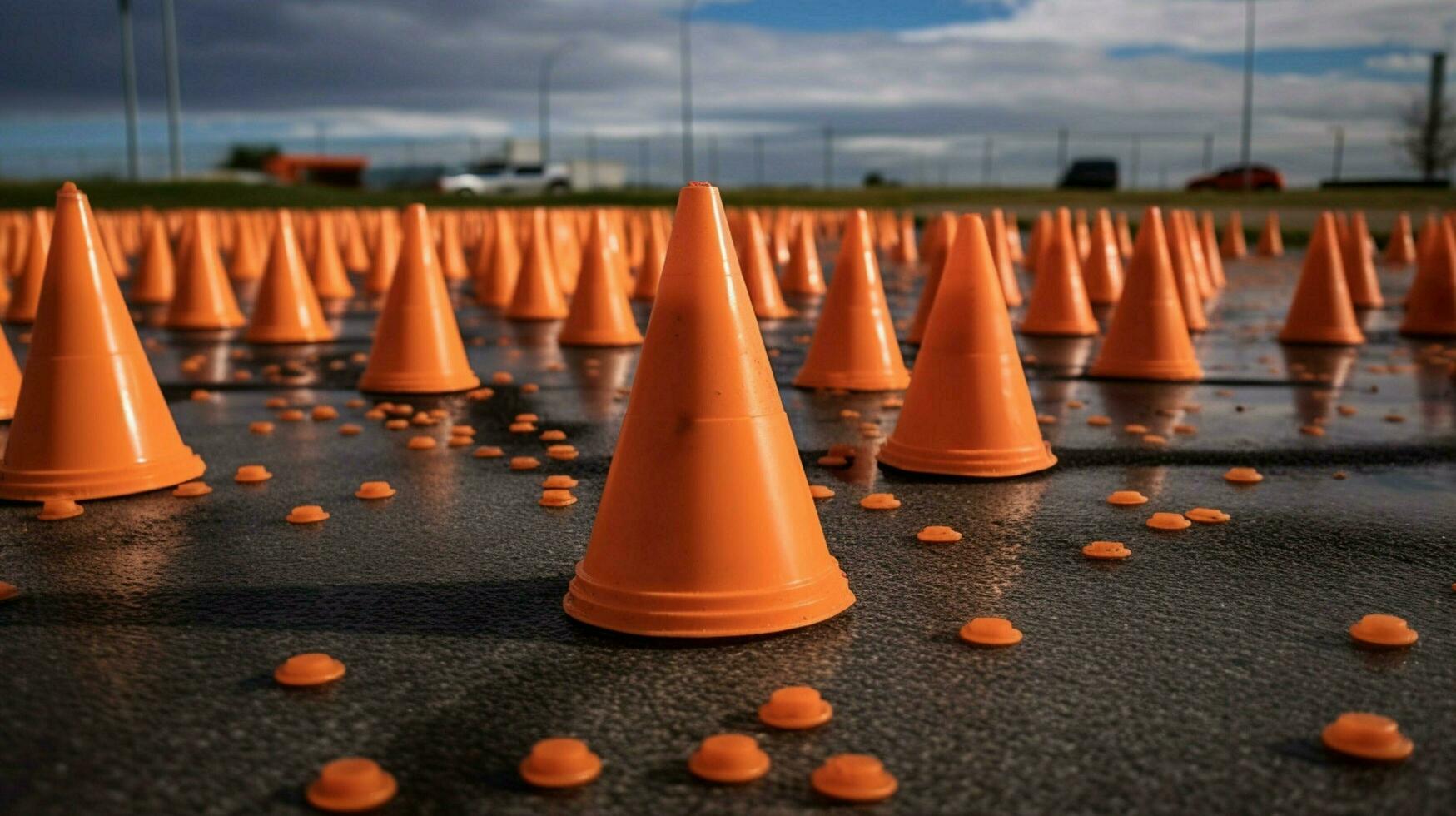traffic cones scattered on the ground photo