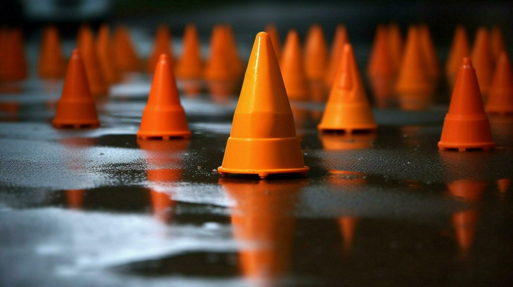traffic cones scattered on the ground photo