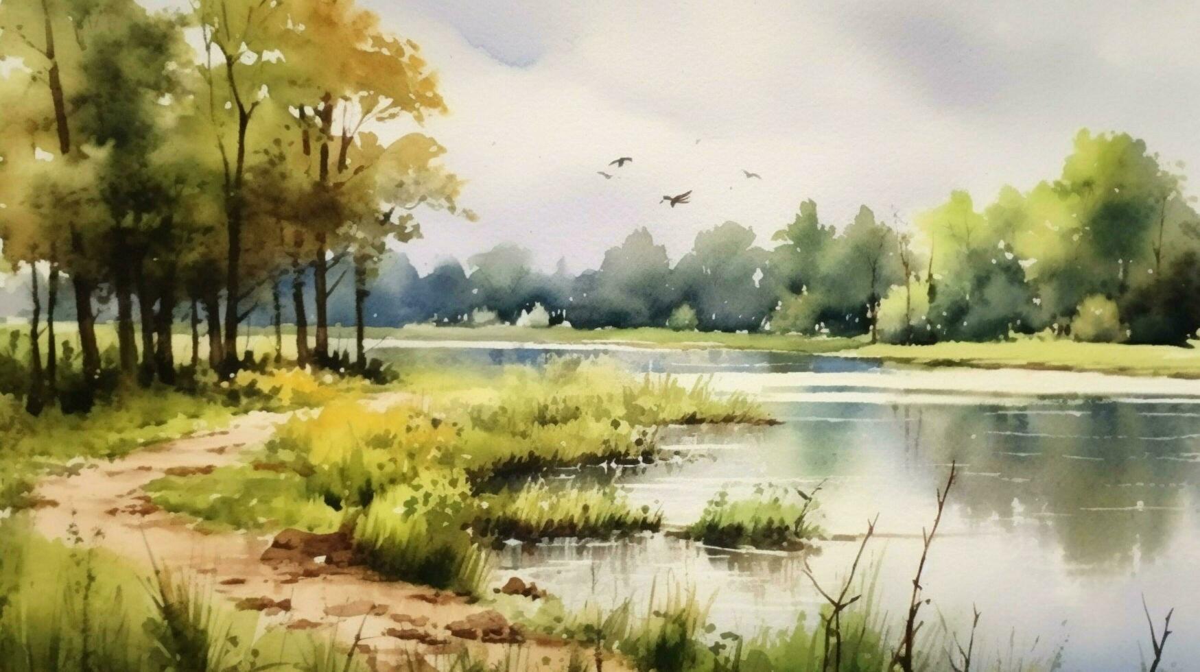 tranquil summer scenery a watercolor painting photo