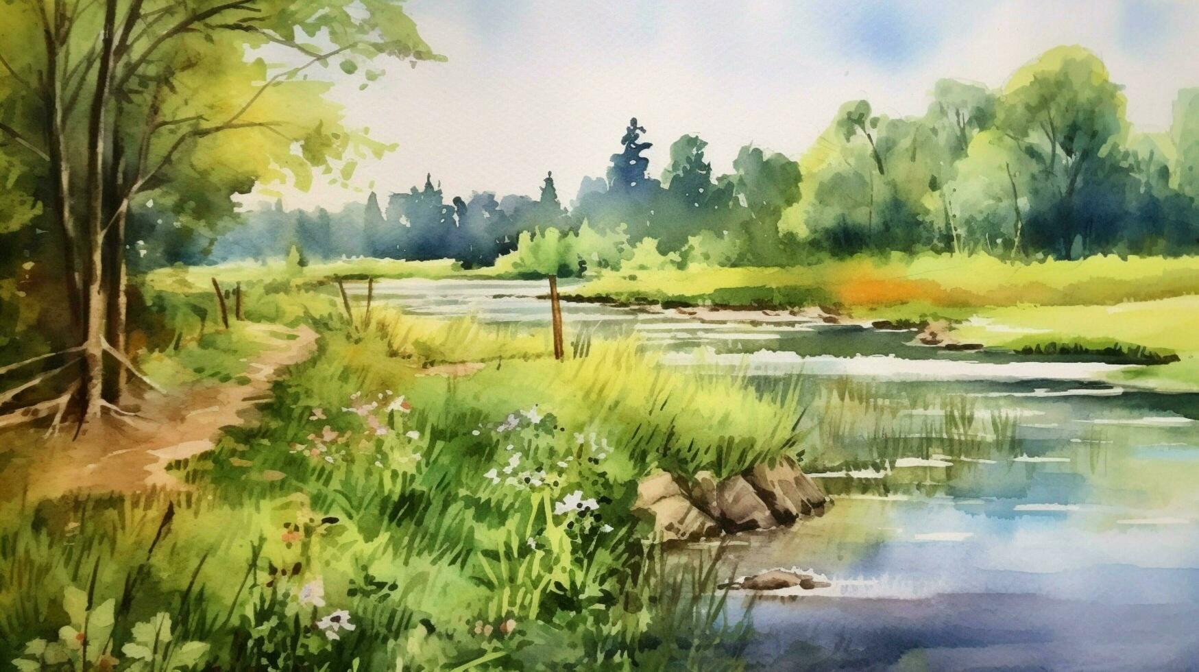 tranquil summer scenery a watercolor painting photo