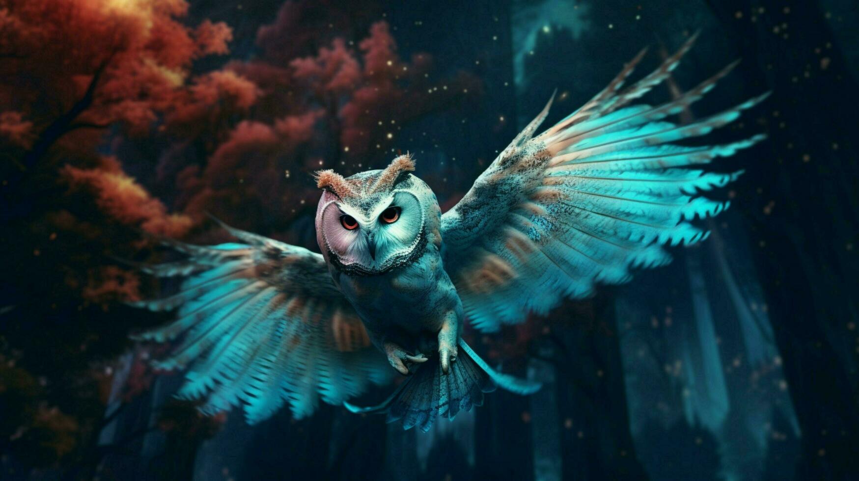 trippy owl flying through ethereal forest photo