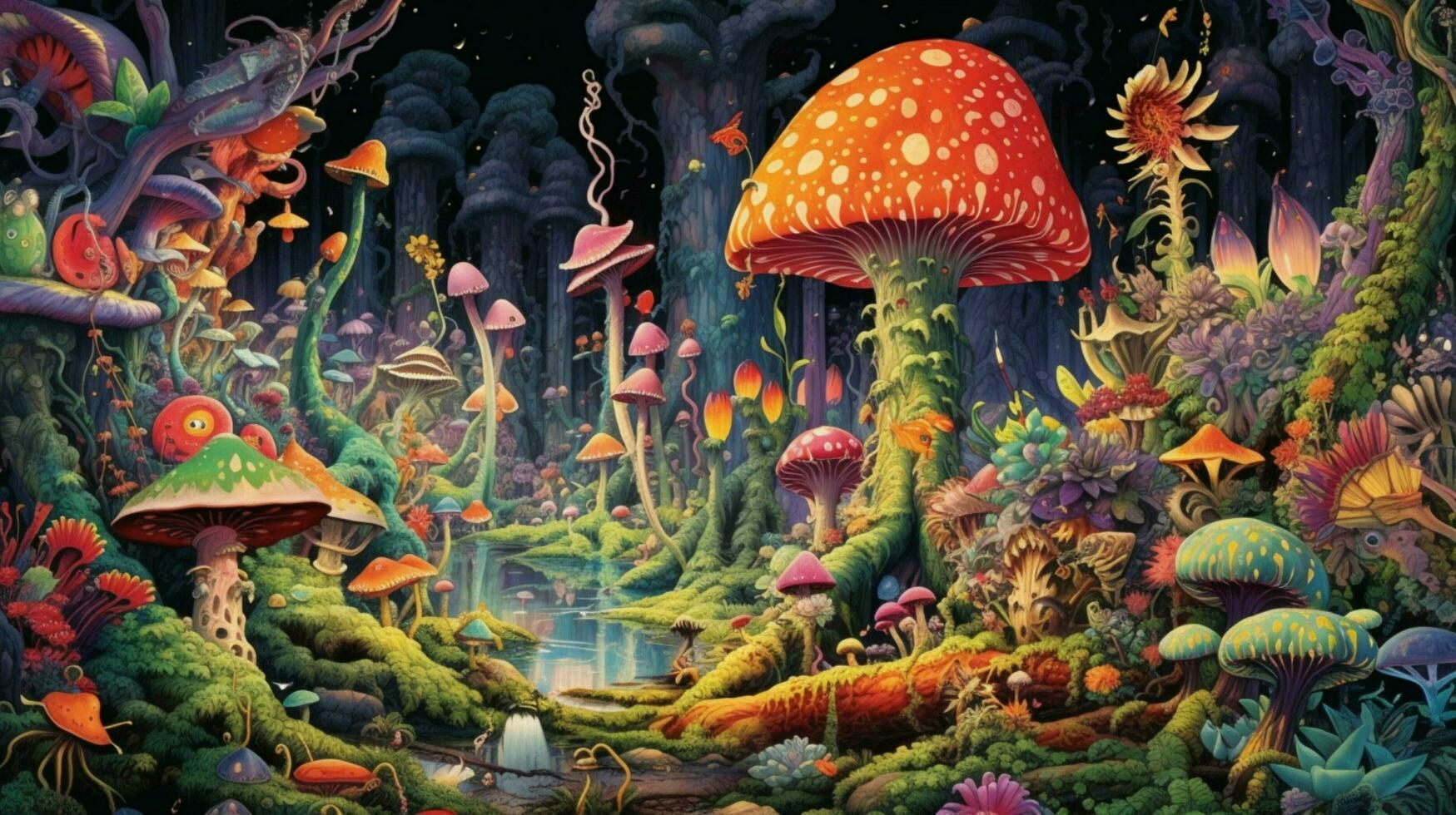 trippy forest with strange and psychedelic creature photo
