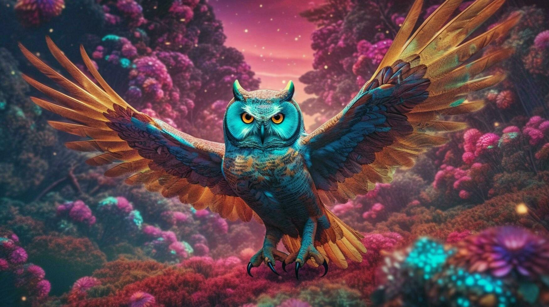 trippy owl flying through ethereal forest photo