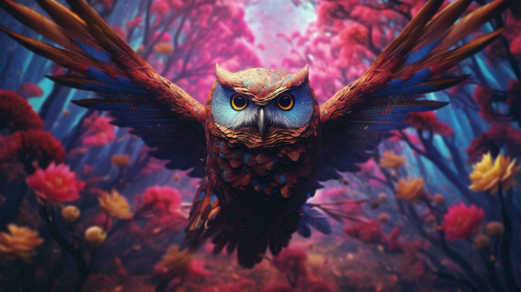 trippy owl flying through ethereal forest photo