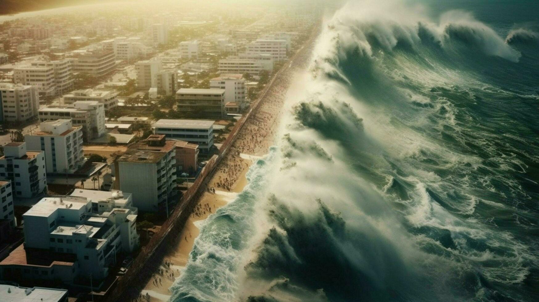 tsunami hits shoreline with massive wave flooding photo