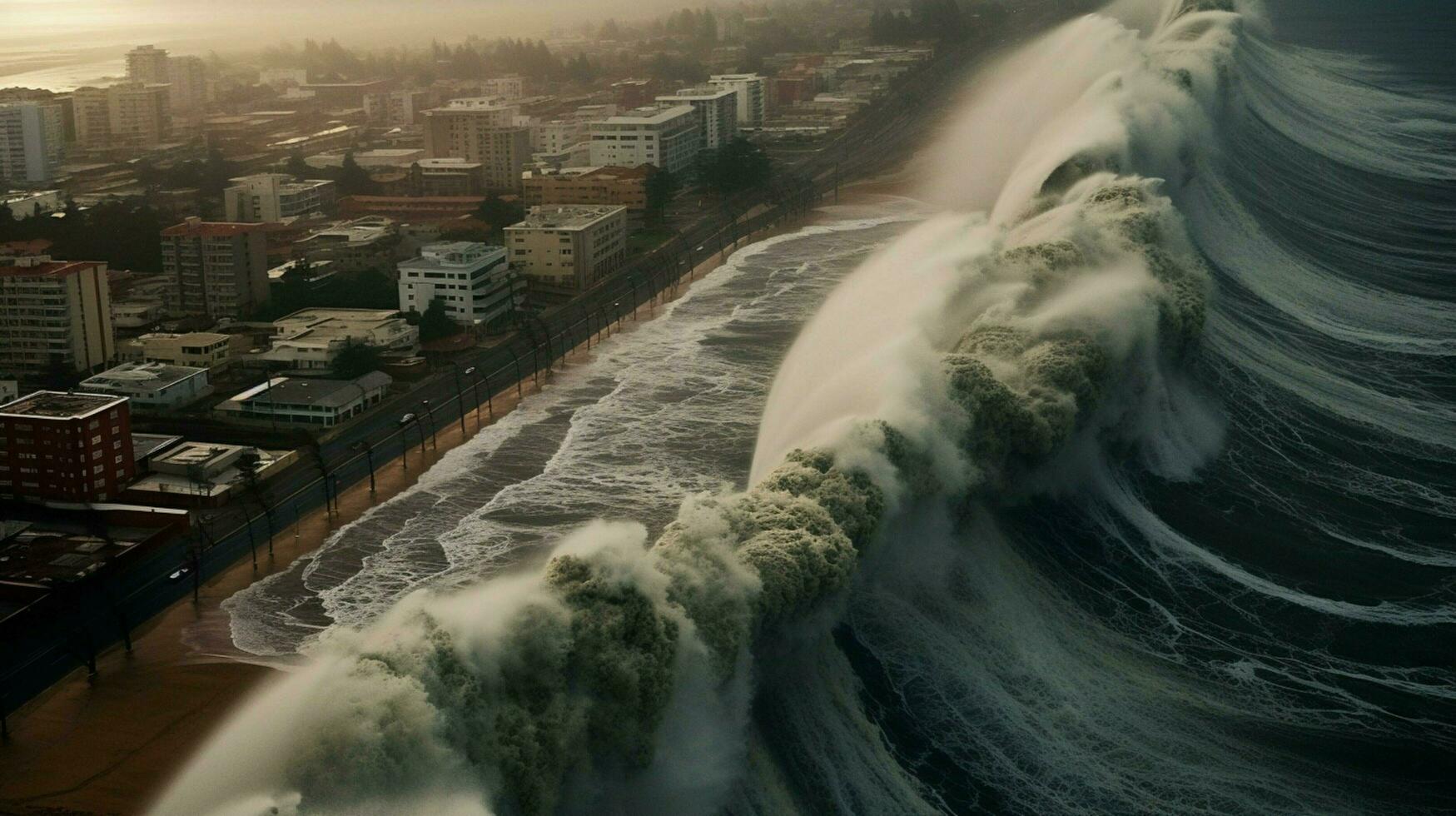tsunami hits shoreline with massive wave flooding photo
