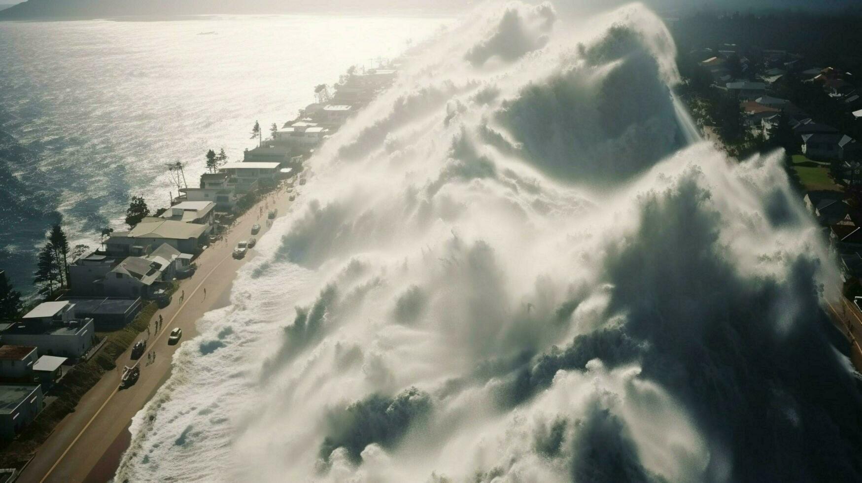tsunami hits shoreline with massive wave flooding photo