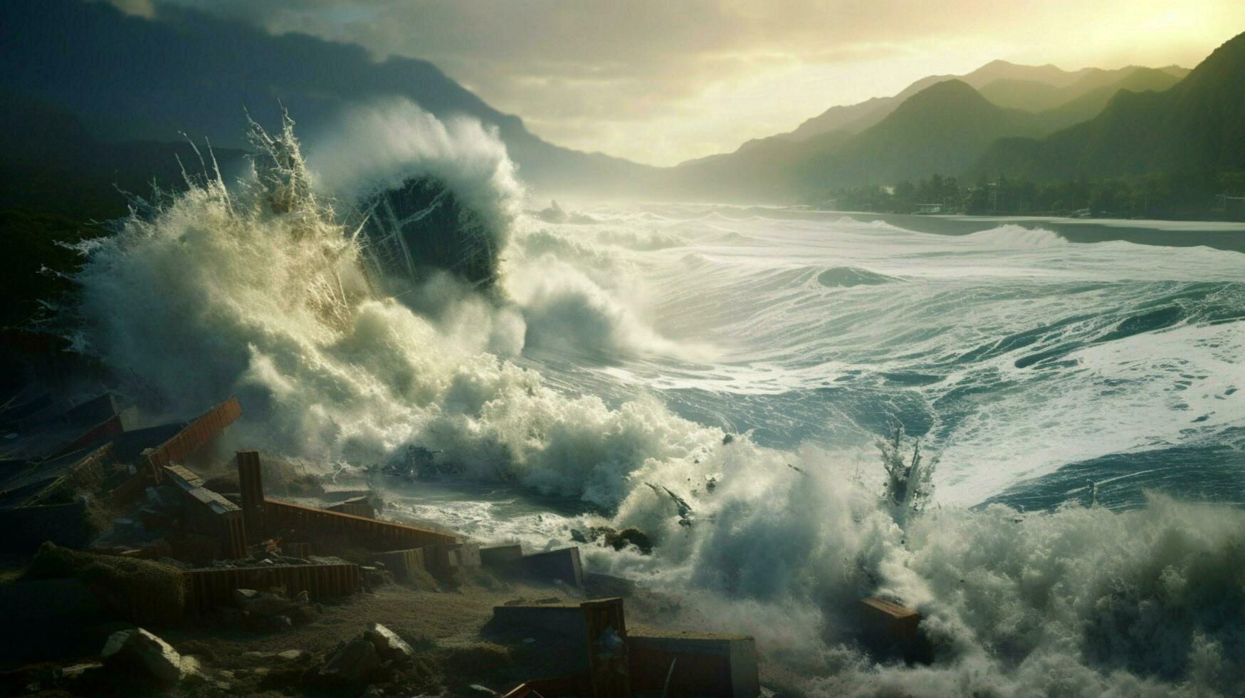 tsunami rushing over coastal landscape sending photo
