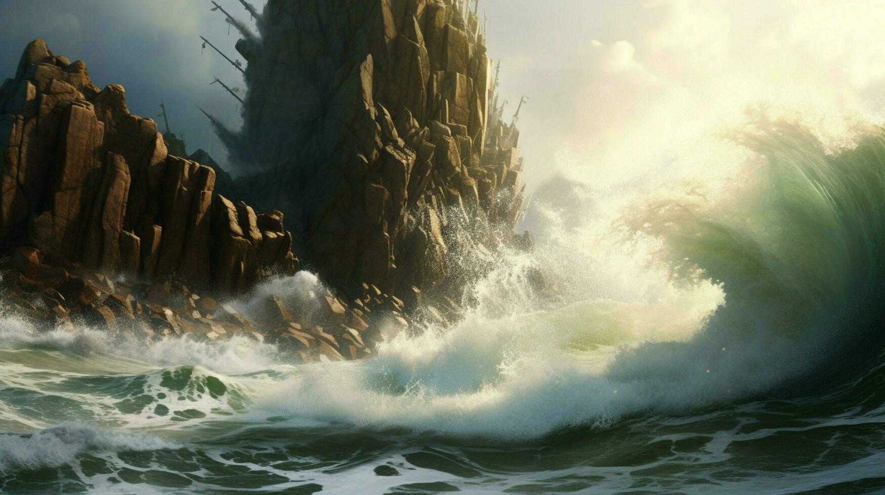 tsunami wave crashes against jagged rocks photo