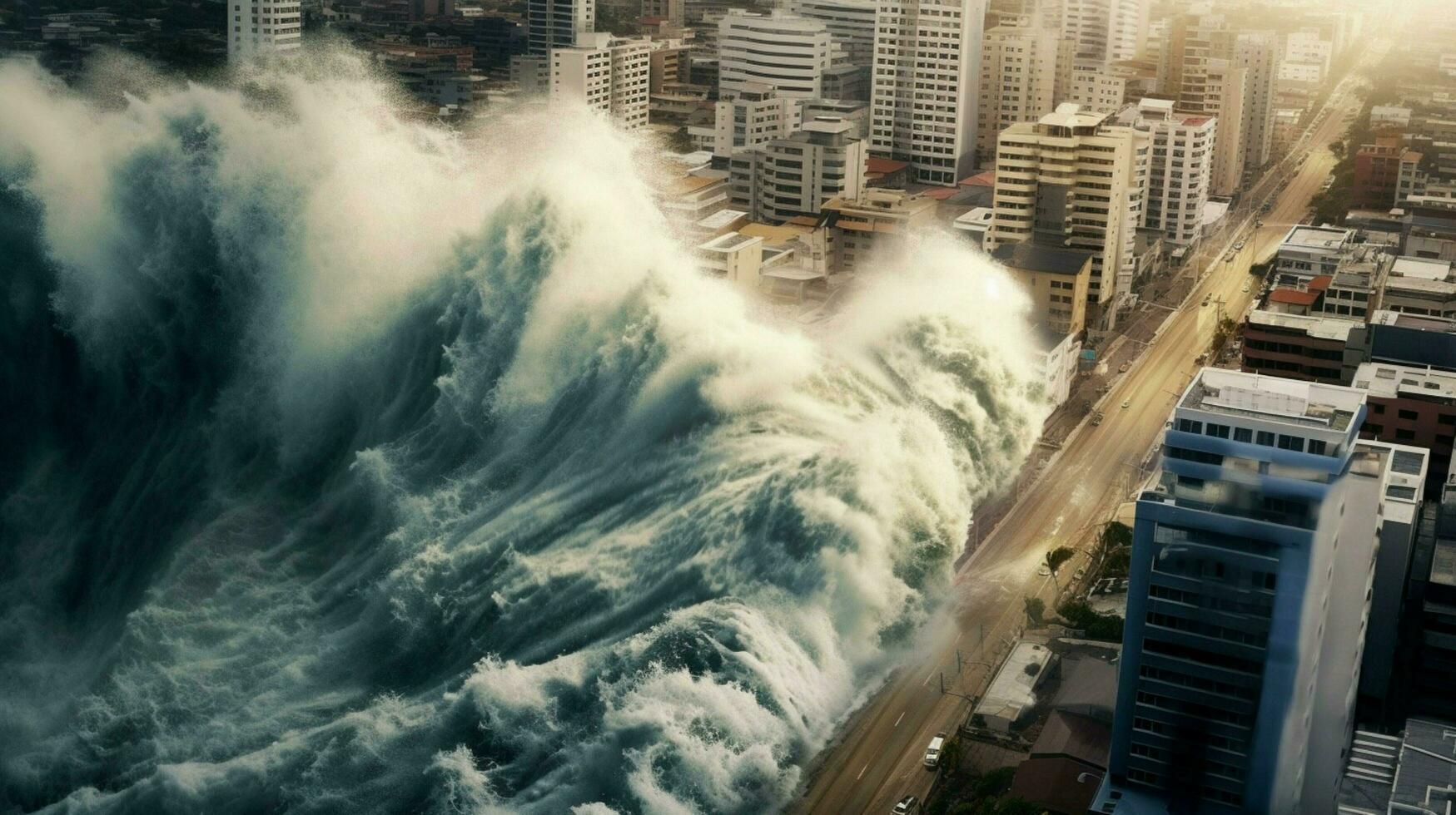 tsunami ola choques dentro costero ciudad inundación foto