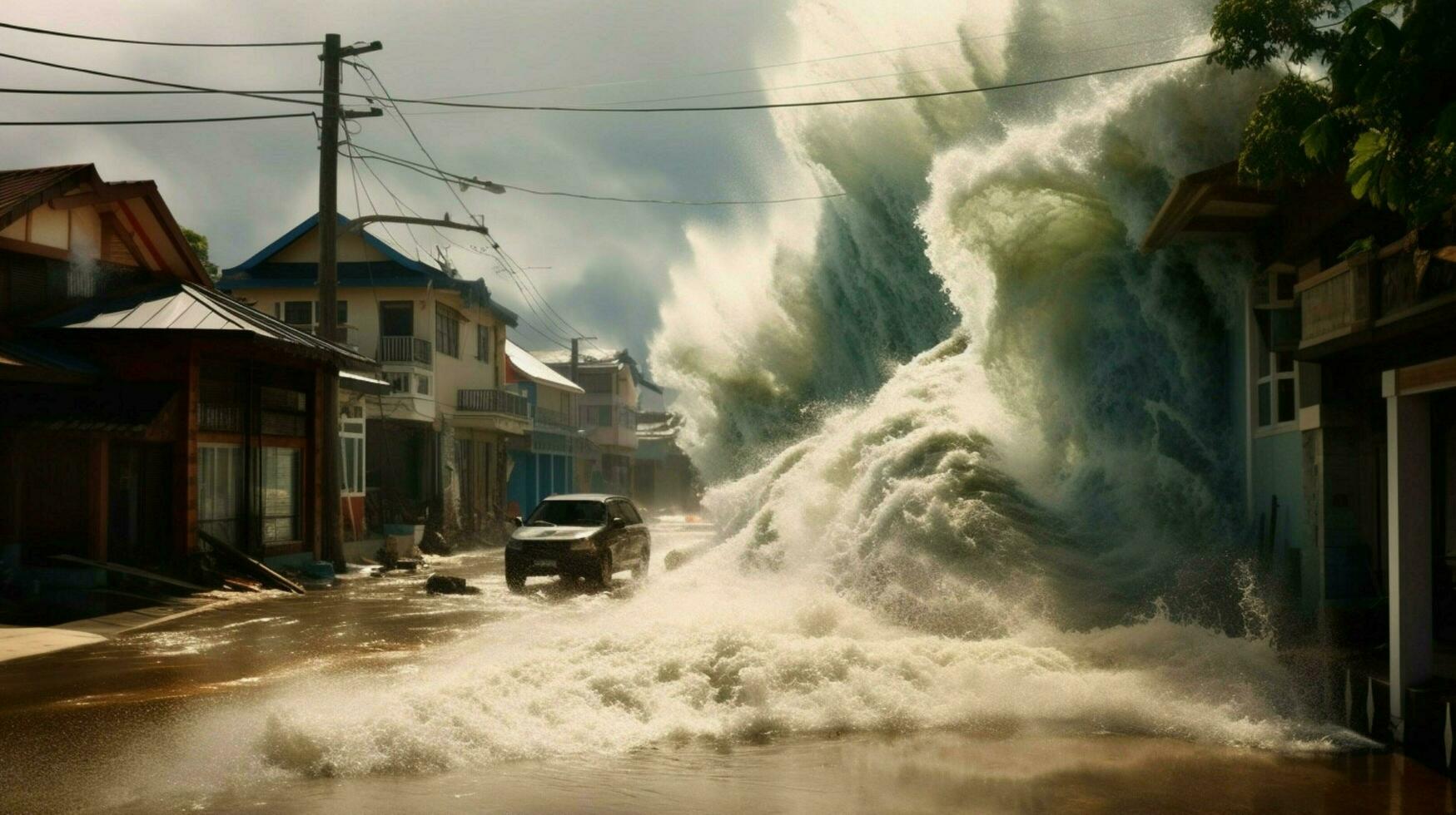 tsunami wave crashes into coastal town flooding photo