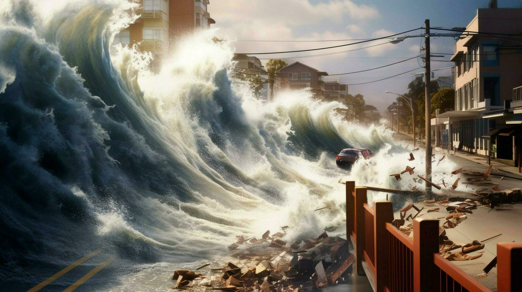 tsunami wave crashes into coastal city flooding photo