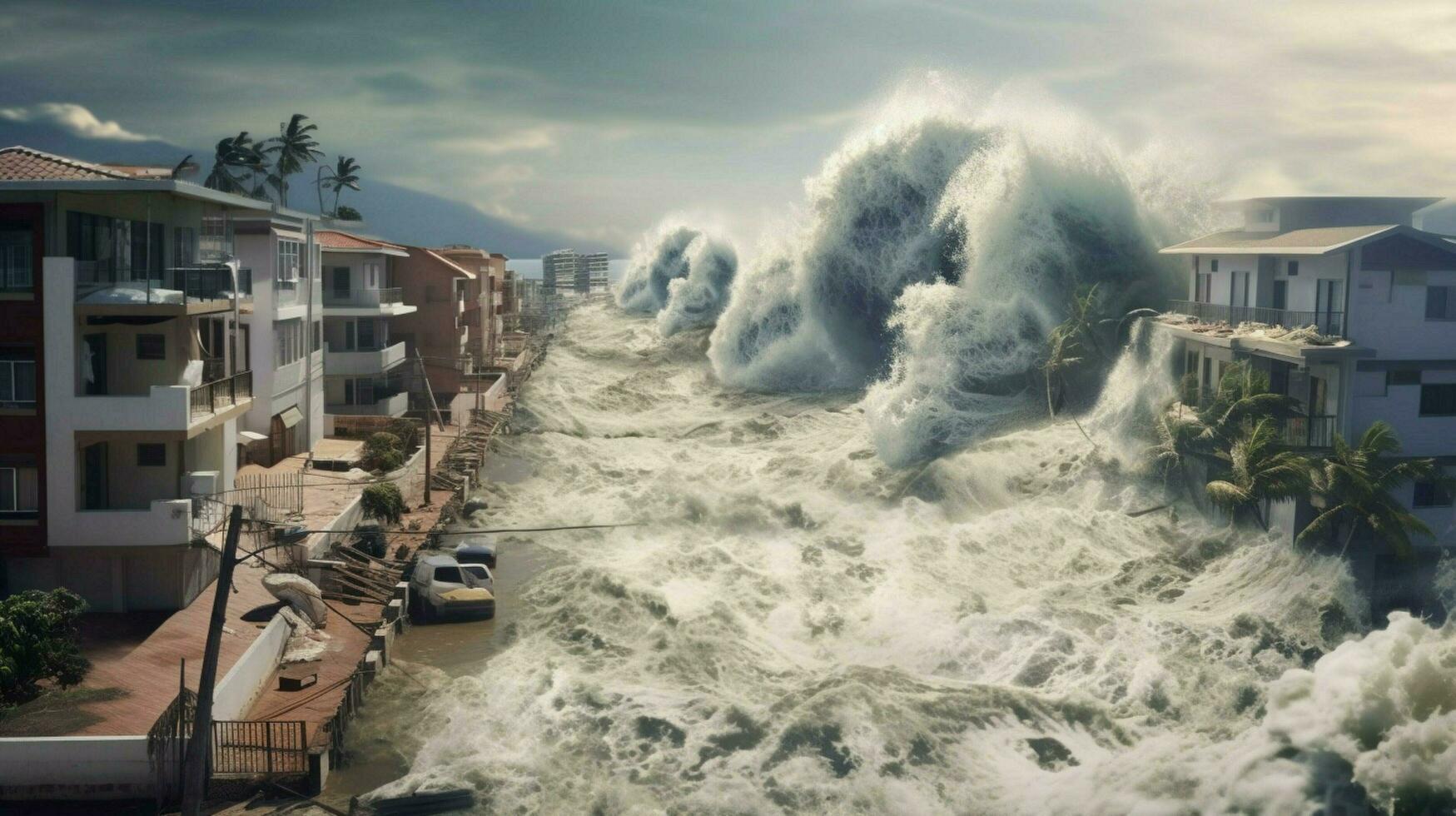 tsunami wave crashes into coastal village destroy photo