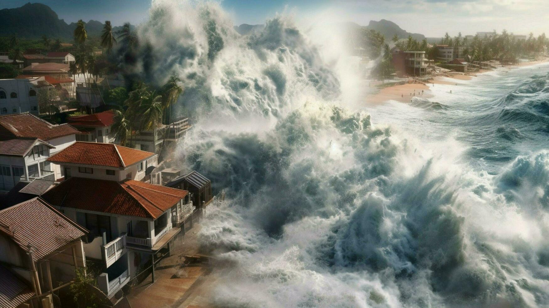 tsunami wave crashes into coastal village destroy photo