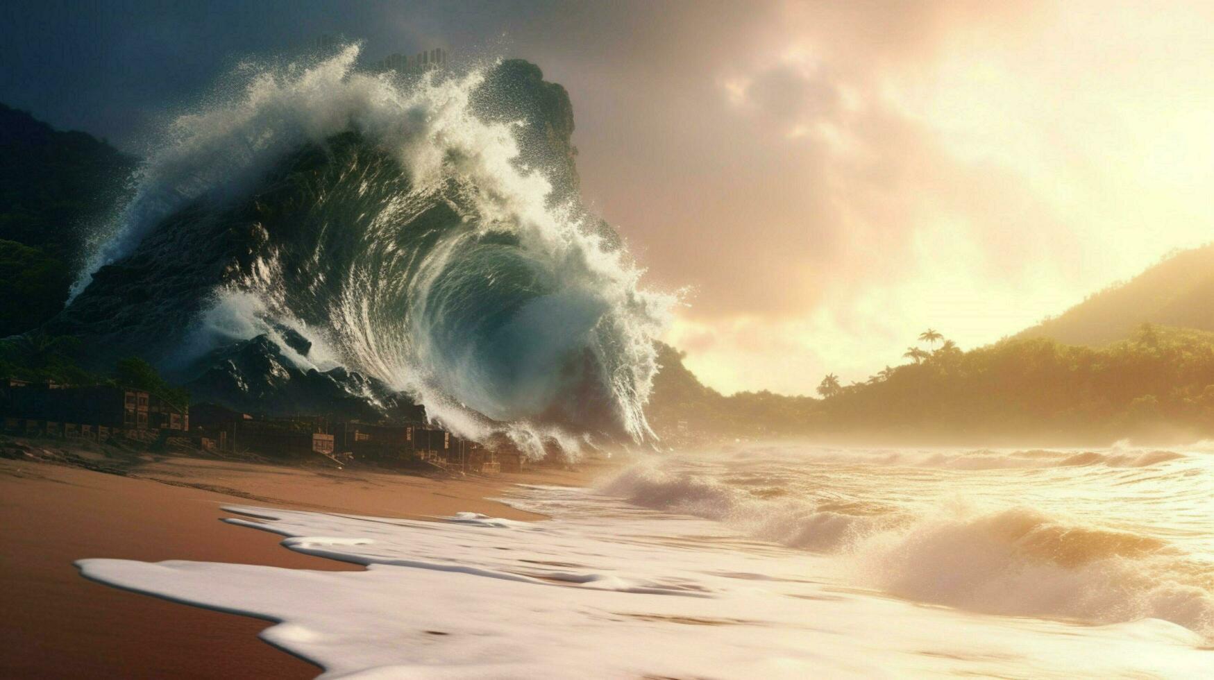 tsunami wave crashing into deserted beach photo