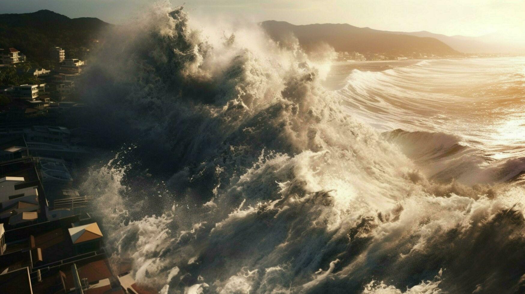 tsunami wave rolls onto shore bringing photo