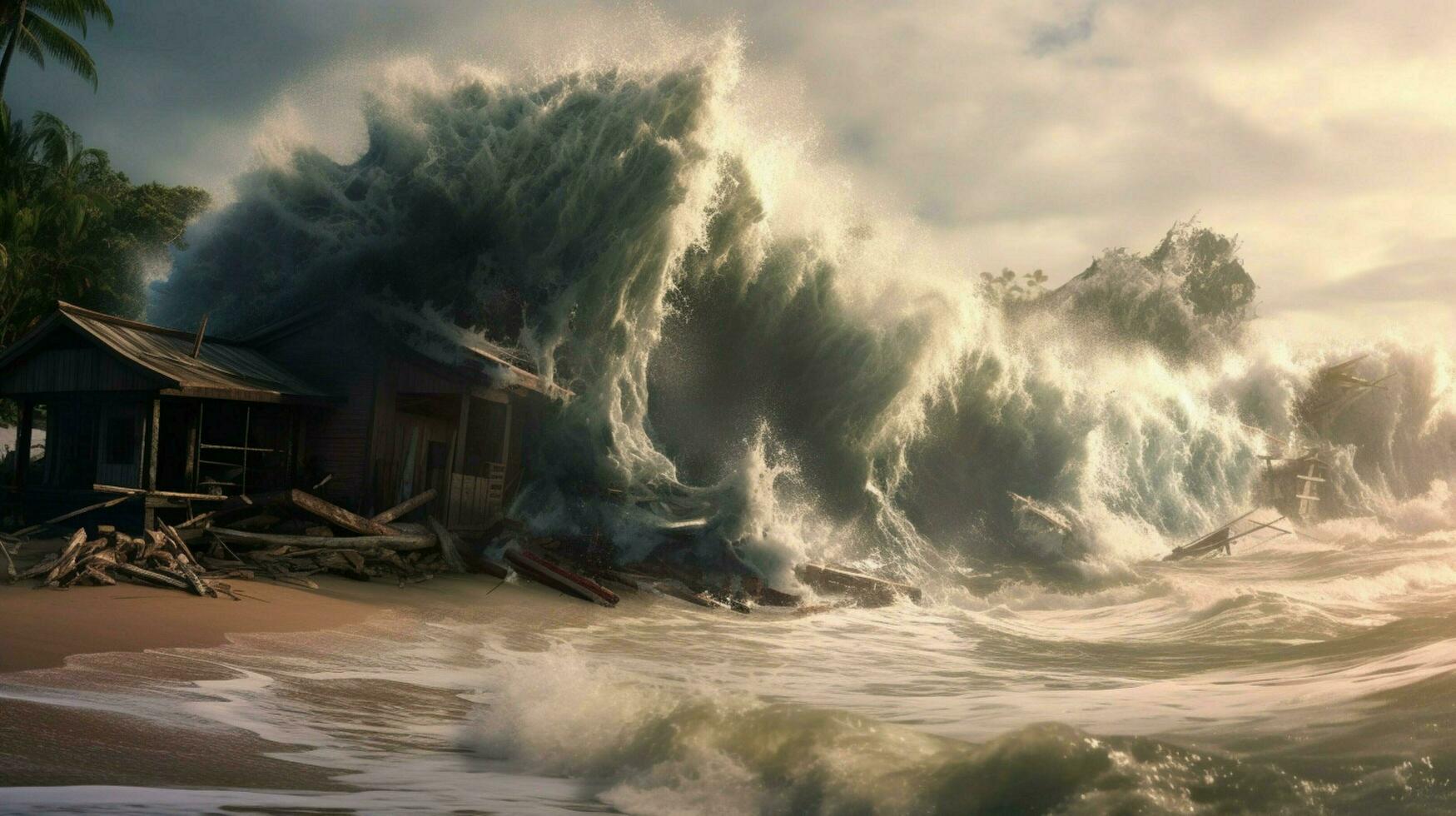tsunami wave rolls onto shore bringing photo