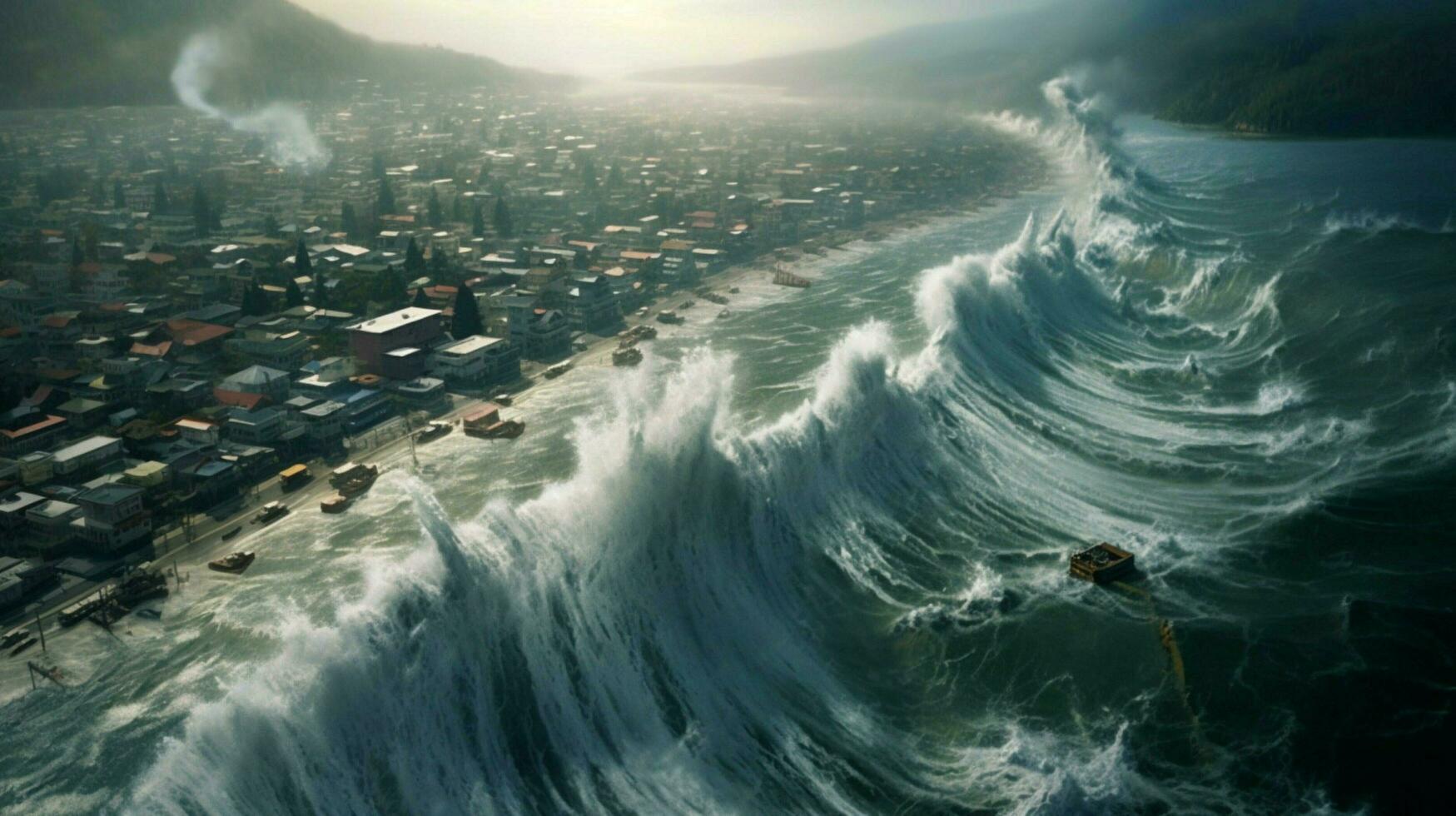 tsunami wave rolls toward shoreline battering the photo