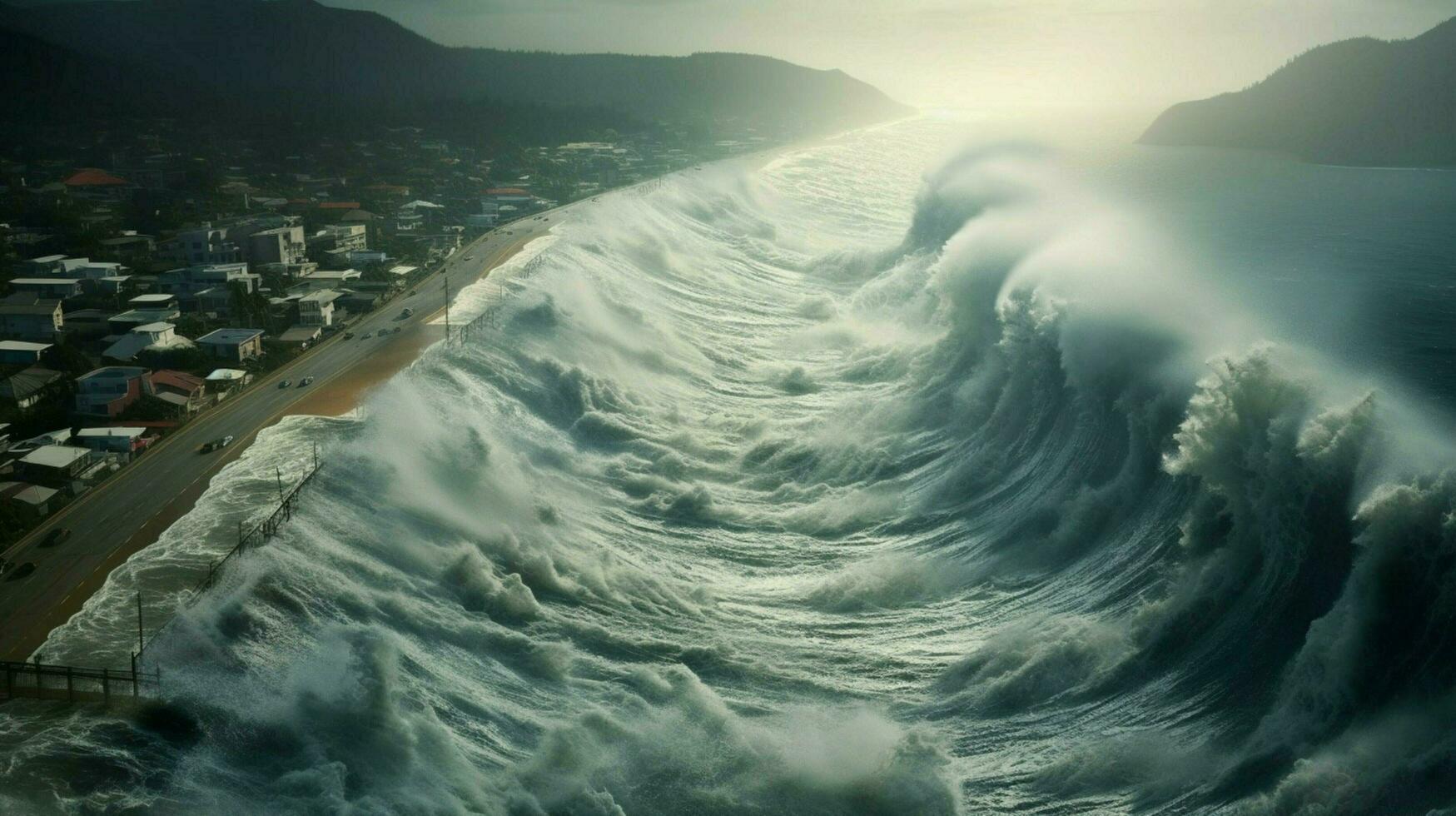 tsunami wave rolls toward shoreline battering photo