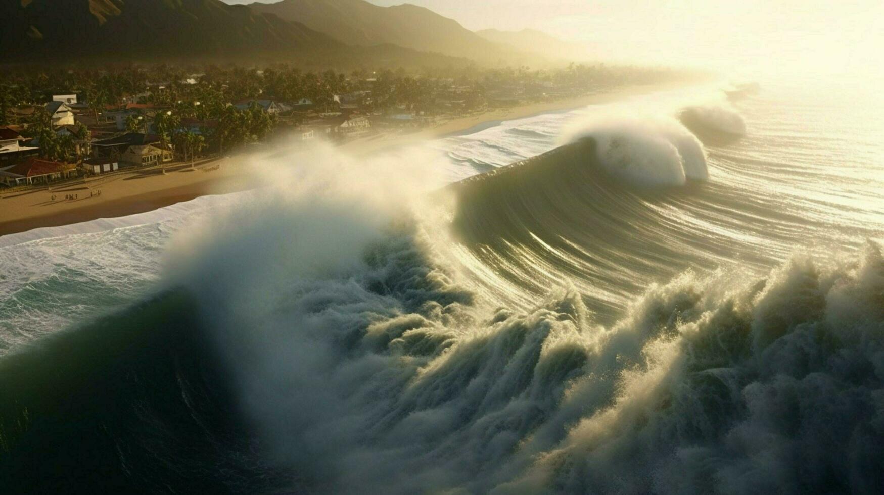 tsunami wave rolls toward shoreline battering photo