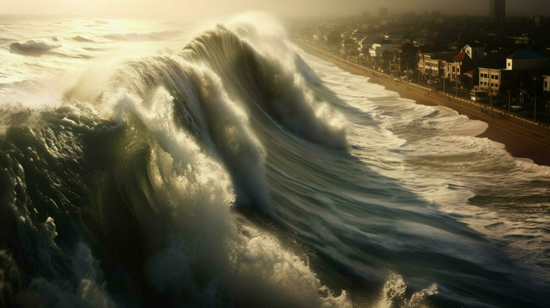 tsunami wave rolls toward shoreline battering the photo