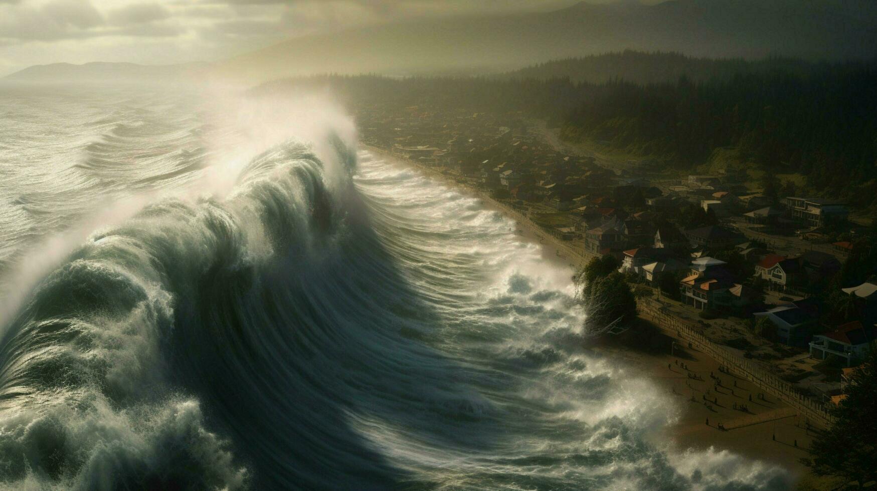 tsunami wave rolls toward shoreline battering the photo