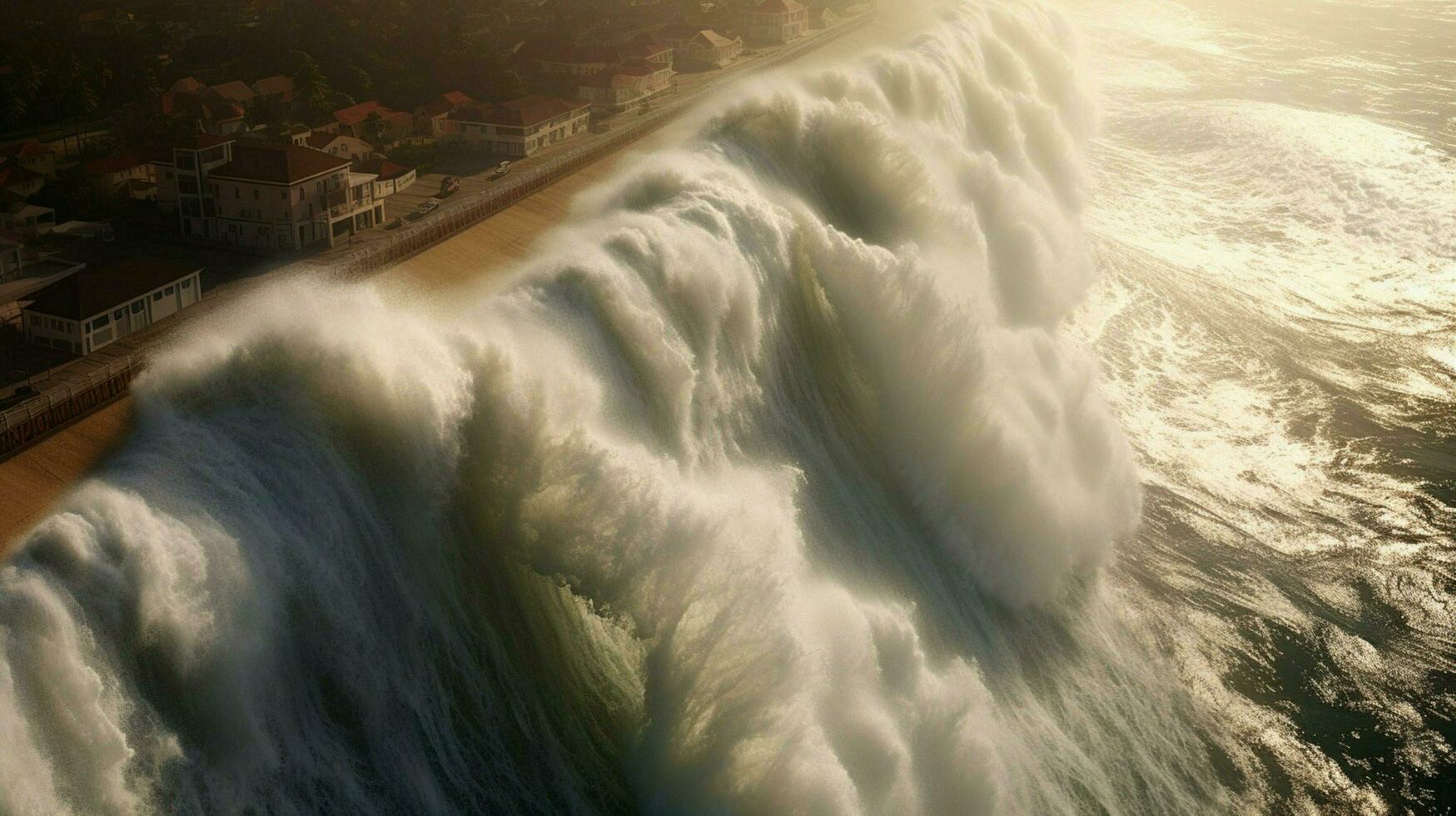 tsunami wave rolls toward shoreline battering the photo