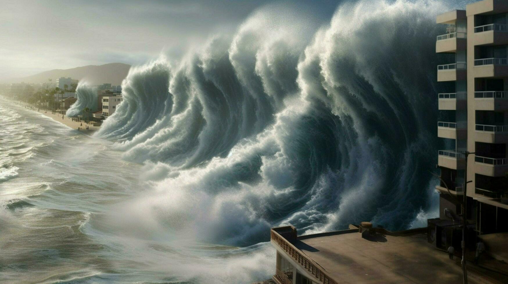 tsunami waves crash against tall seawall protecti photo